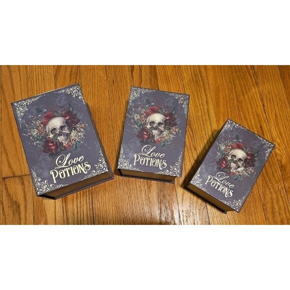 Elegant 3 Pc Nesting Storage Box Set Victorian Goth Halloween Skulls Love Potion - Picture 1 of 11